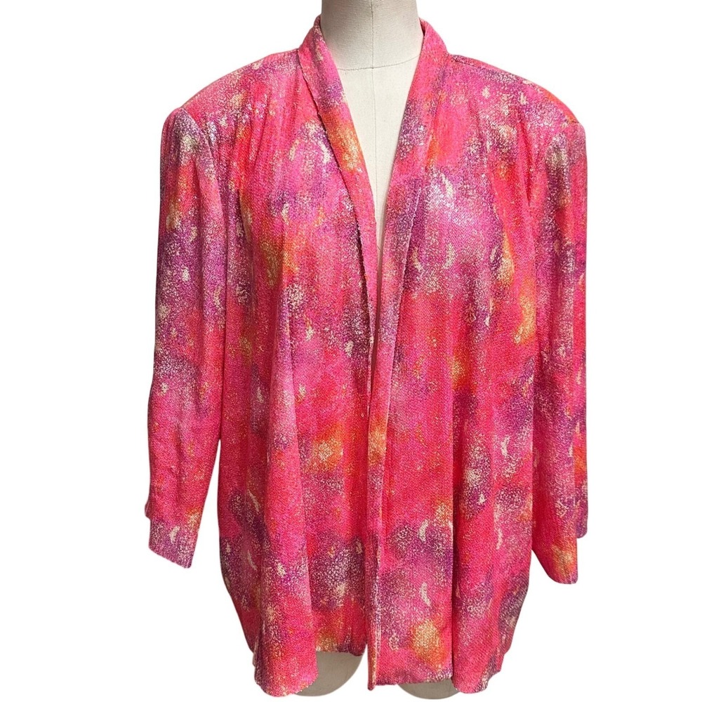 Peter Nygard Sequin Blazer‎ Womens L Pink Purple Abstract Open Front Padded